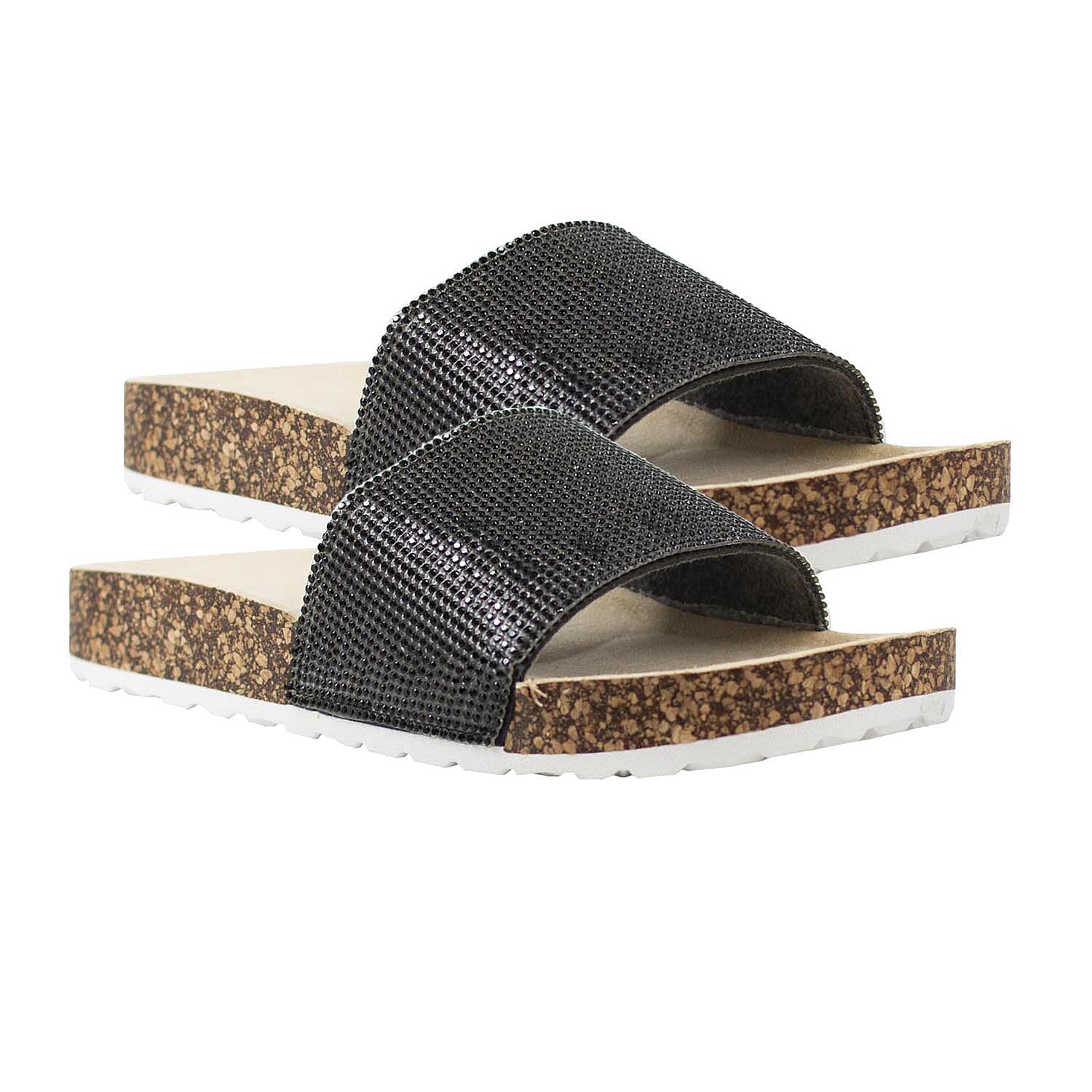 Alexis Bendel Black Kylie Rhinestone Slide Sandal with Cork Sole - Size 6.0