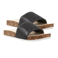 Alexis Bendel Black Kylie Rhinestone Slide Sandal with Cork Sole - Size 6.0