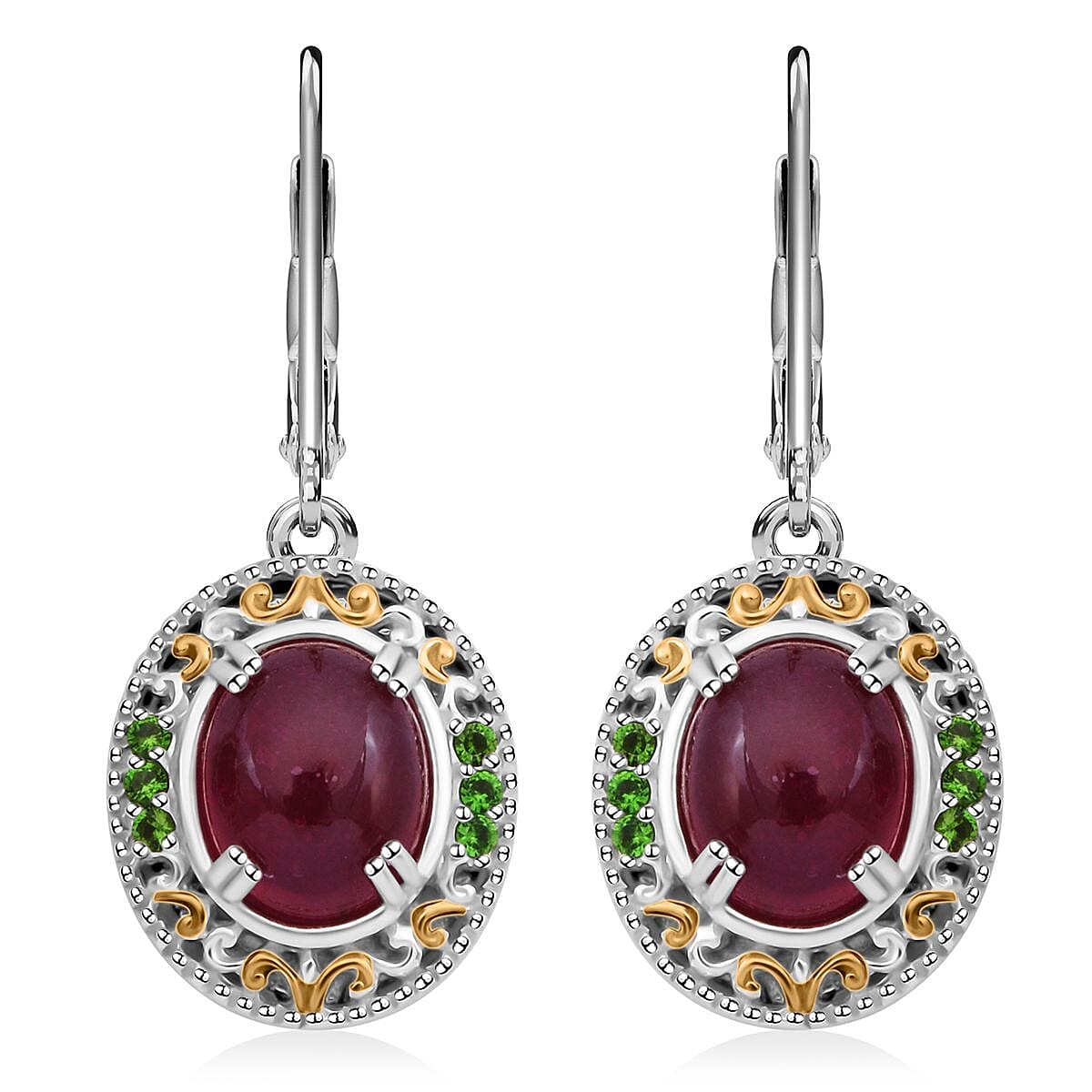 Niassa Ruby (FF) and Chrome Diopside 6.40 ctw Royal Bloom Earrings in Vermeil YG and Rhodium Over Sterling Silver