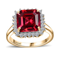 Certified & Appraised Luxuriant 10K Yellow Gold AAA Asscher Cut Lab Grown Padparadscha Sapphire, E-F VS Lab Grown Diamond 6.89 ctw Ring