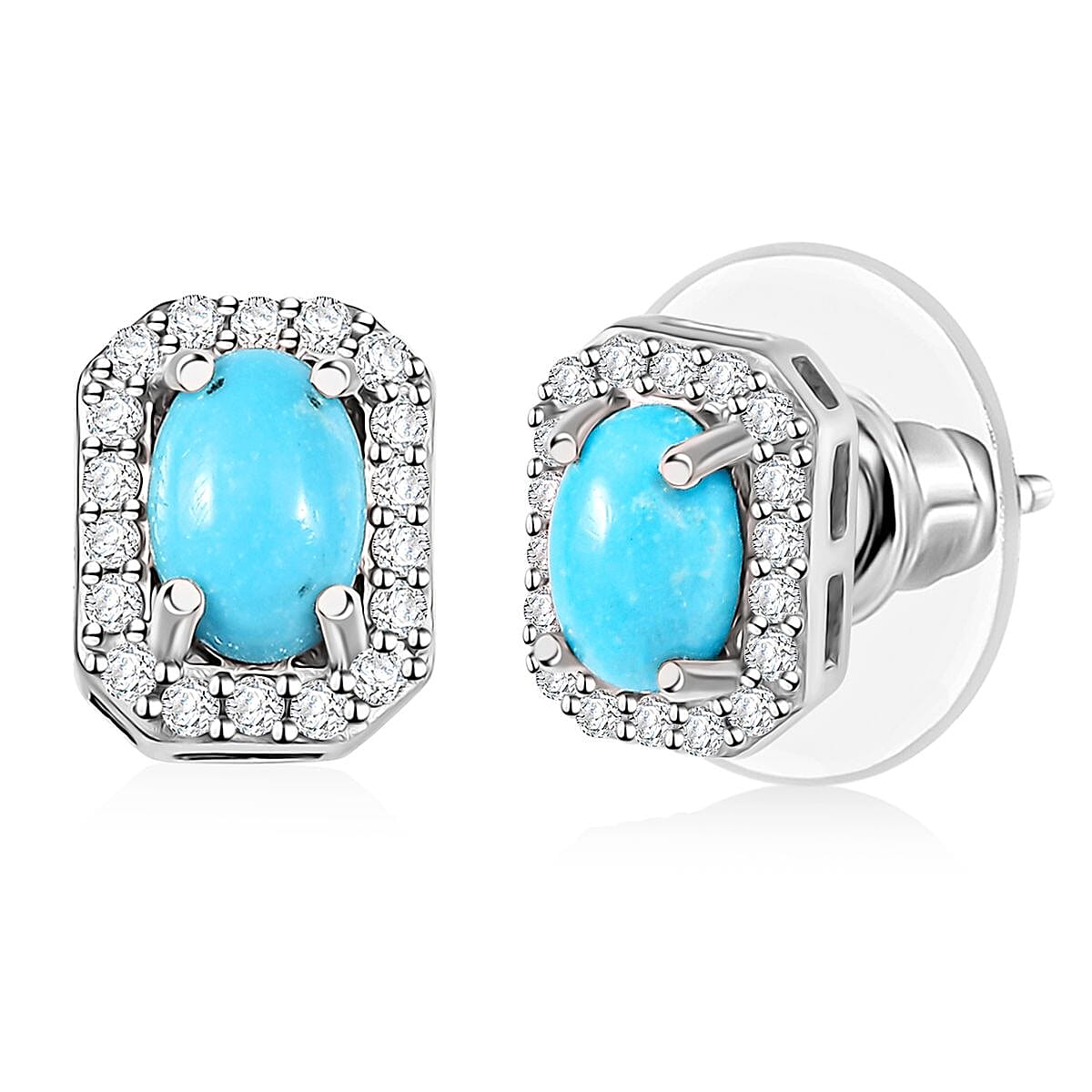 D'Joy Premium Sleeping Beauty Turquoise and White Zircon 1.35 ctw Stud Earrings in Rhodium Over Sterling Silver