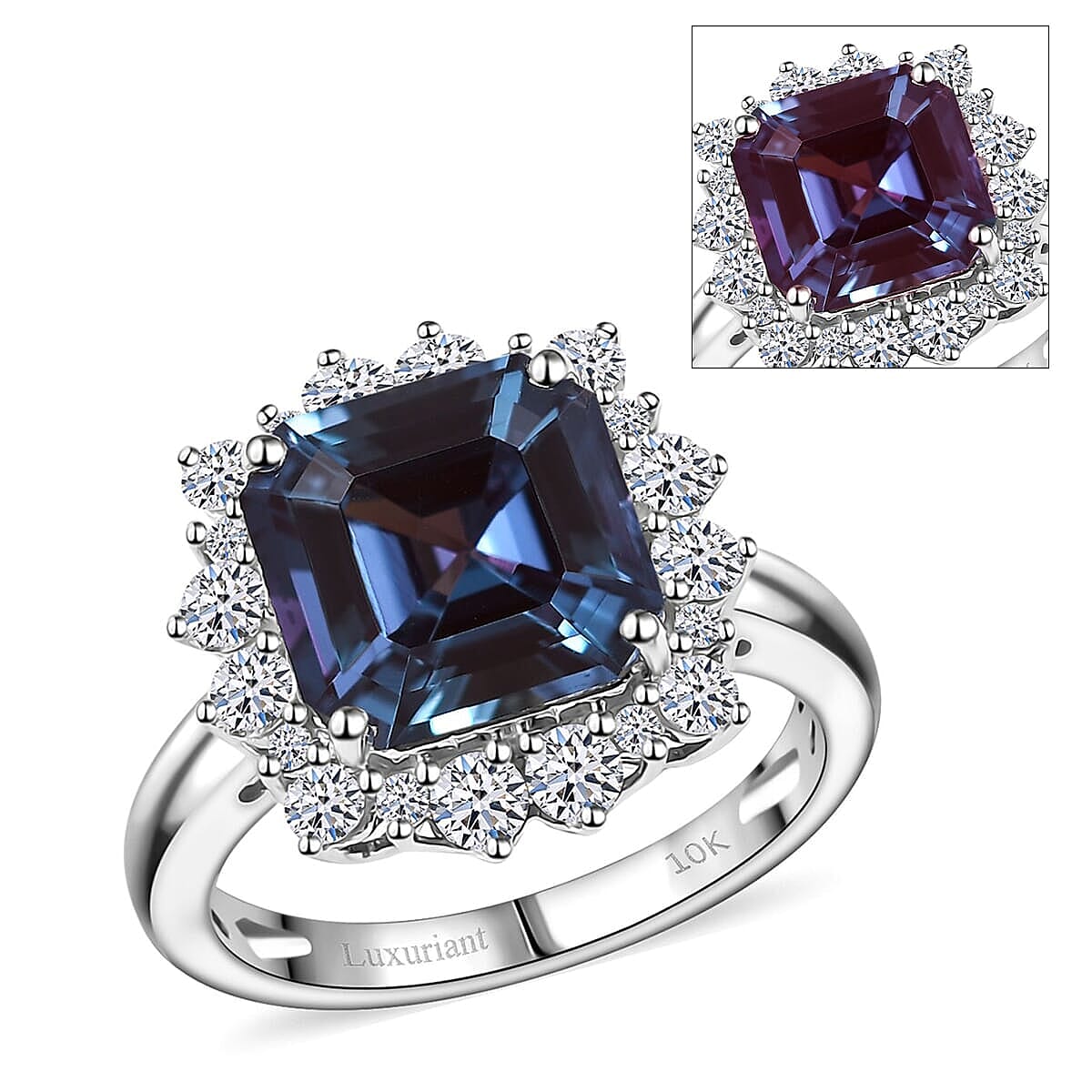 Certified & Appraised Luxuriant 10K White Gold AAA Asscher Cut Lab Grown Alexandrite, Lab Grown Diamond (E-F, VS) Ring (Size 10.0) 7.04 ctw