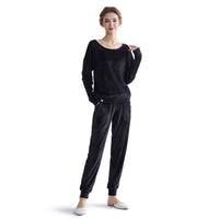 Hanton Black Soft Velvet 2 Piece Round Neck Top and Jogger Set - S