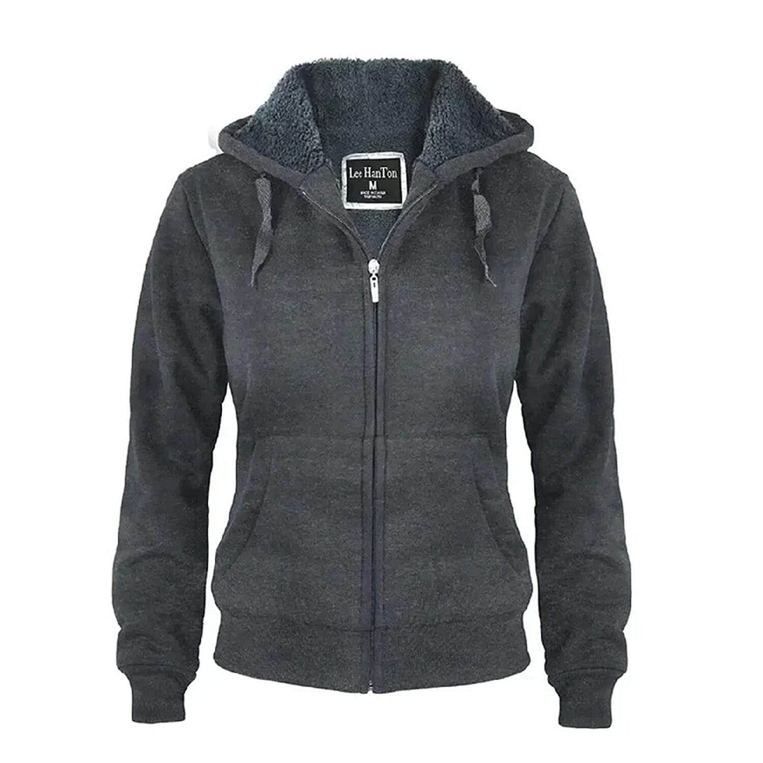 Hanton Dark Grey Sherpa Lined Zip Front Hoodie - S