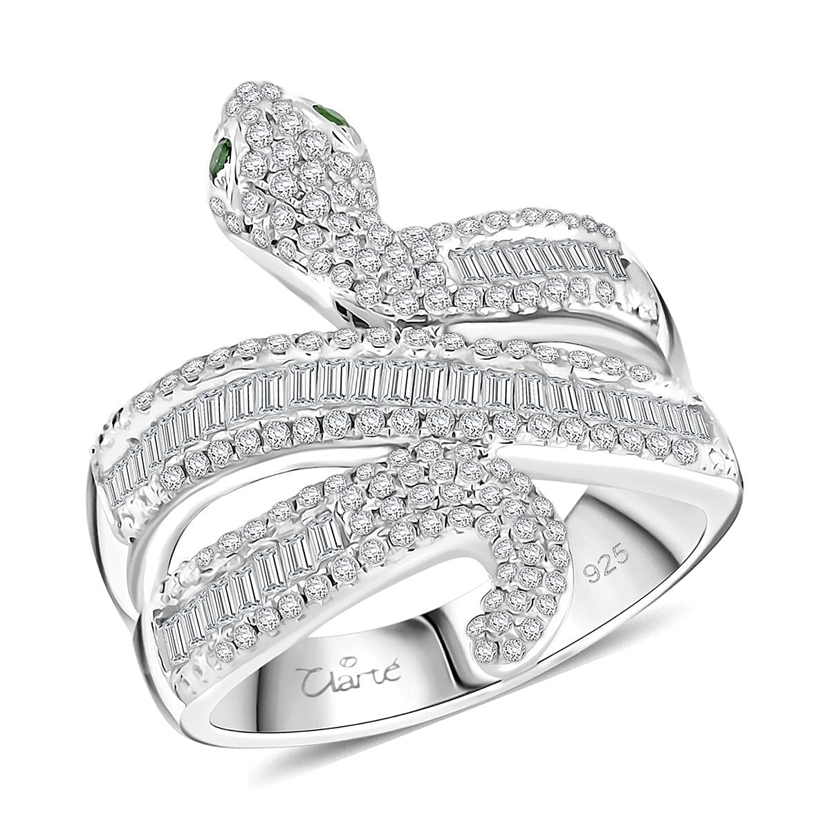 Clarte Serpent Collection Moissanite, Emerald Ring in Sterling Silver (Size 10.0) 1.10 ctw