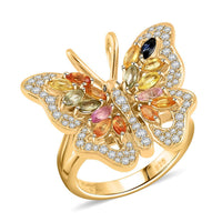 Clarte Flutter Collection Multi Sapphire, Black and White Moissantie Ring in 14K YG Over Sterling Silver (Size 10.0) 1.60 ctw