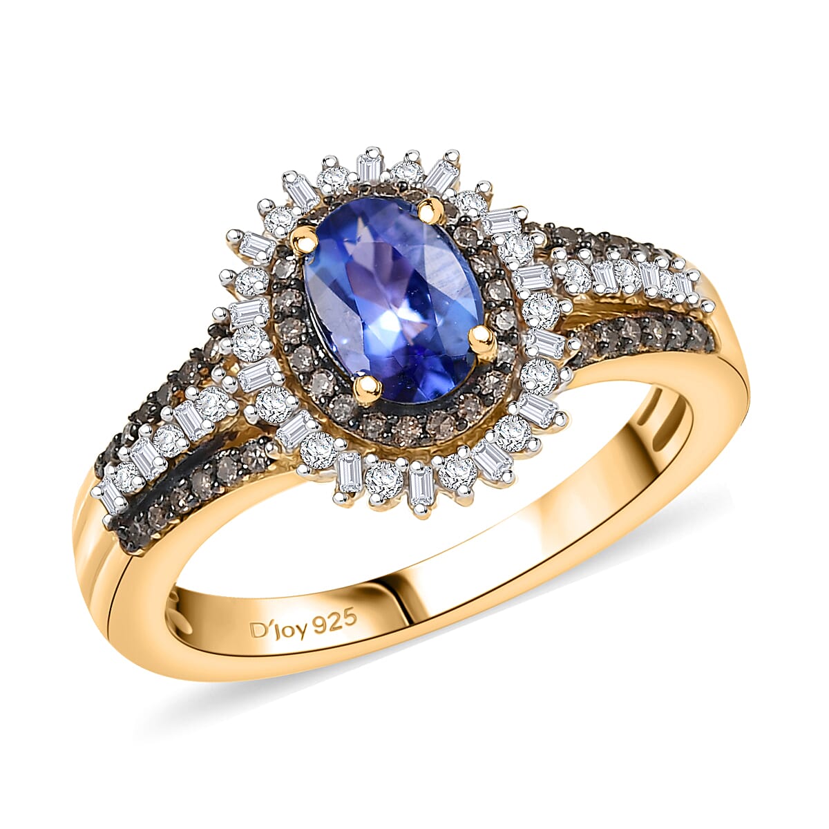 D'Joy Tanzanite, Natural Champagne and White Diamond (0.47 cts) Ring in 18K Vermeil YG Over Sterling Silver (Size 10.0) 1.30 ctw