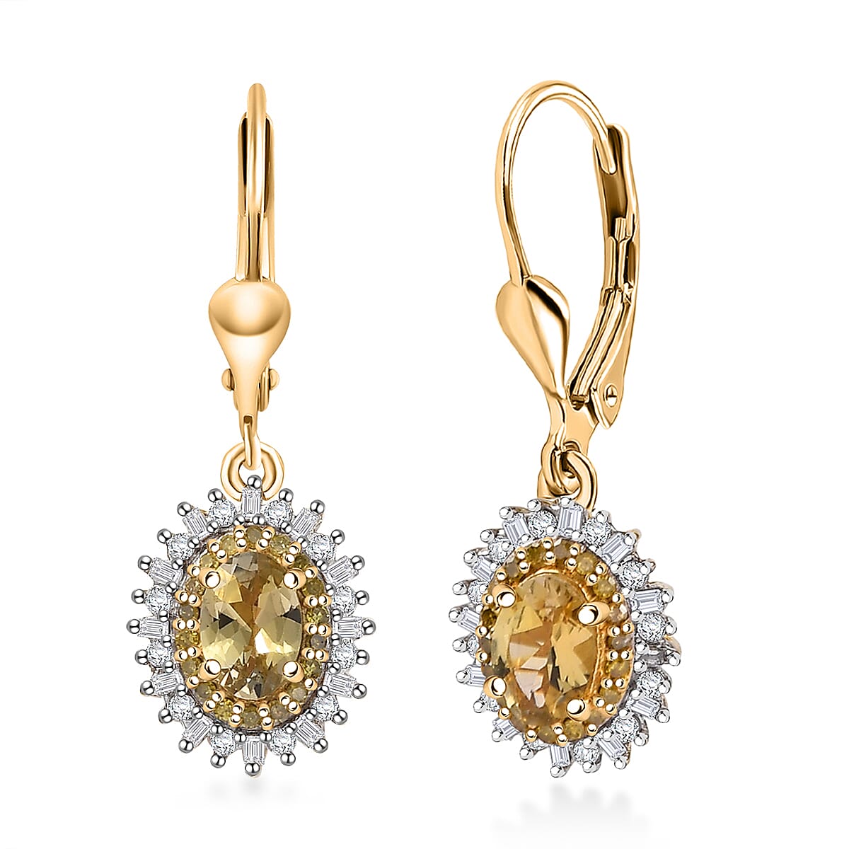 D'Joy Golden Tanzanite, Yellow and White Diamond 1.40 ctw Lever Back Earrings in 18K Vermeil Yellow Gold Over Sterling Silver