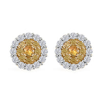 D'Joy Madagascar Yellow Sapphire and White Zircon 1.80 ctw Double Halo Earrings in 18K Vermeil YG and Rhodium Over Sterling Silver