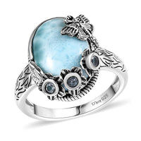 Artisan Crafted Premium Larimar and Sky Blue Topaz 7.00 ctw Fancy Ring in Black Oxidied Sterling Silver (Size 10.0)