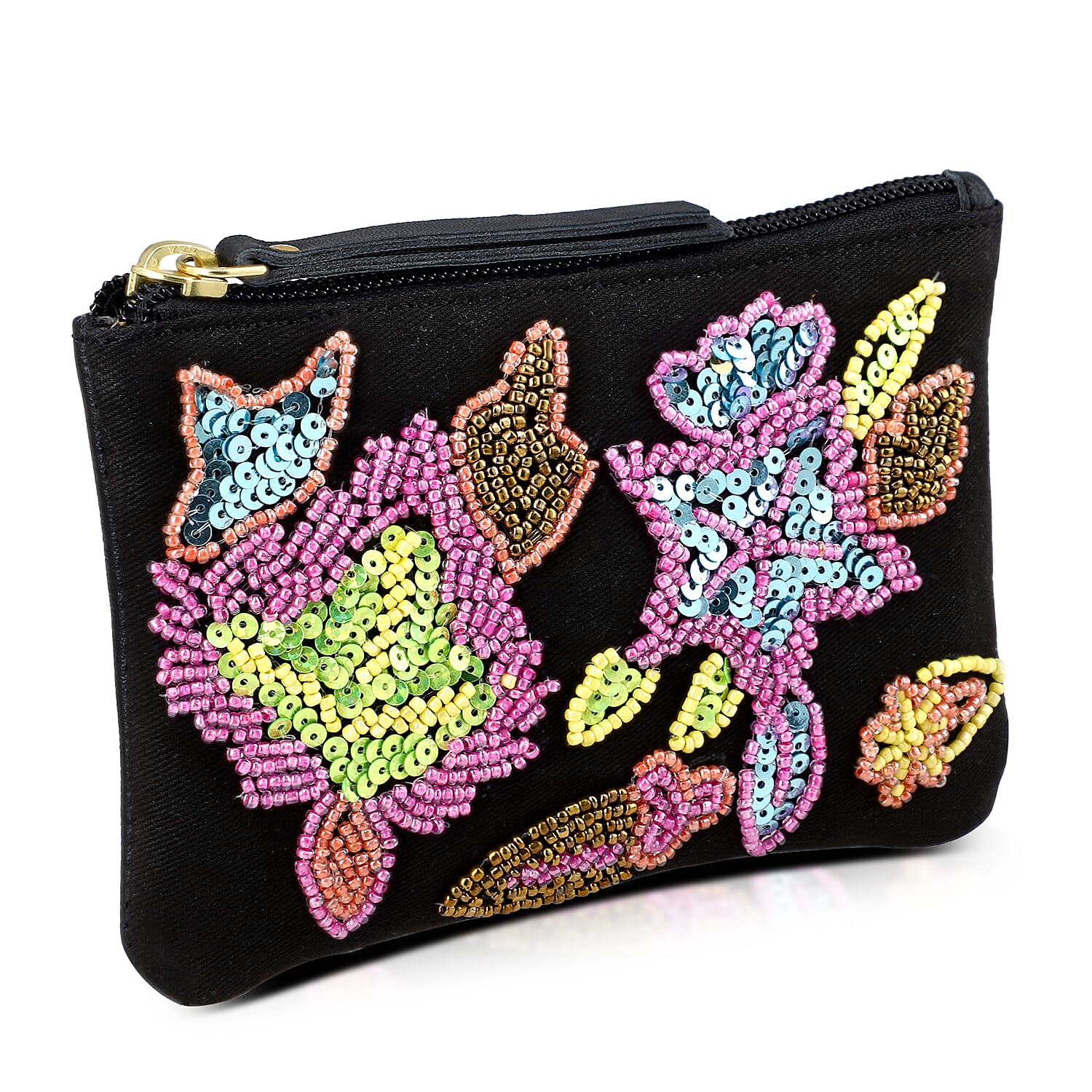 Black Genuine Leather Floral Pattern Embellishment Pouch with Top Zip Closure