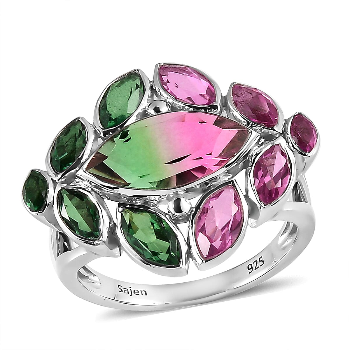 Sajen Silver Celestial Bi-Color Watermelon Tourmaline Doublet Quartz 7.40 ctw Ring in Rhodium Over Sterling Silver (Size 10.0)