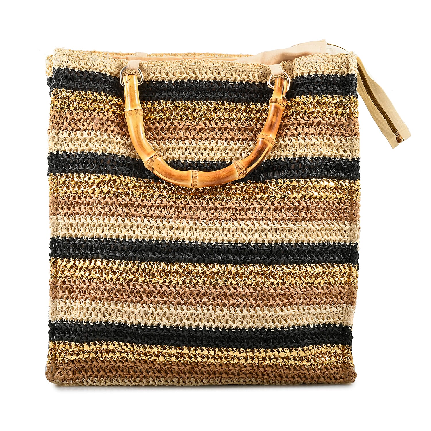Wild Flower Cream & Multi Color Stripe Straw Handbag with Bamboo Handle (13"x4.5"x12")
