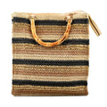Wild Flower Cream & Multi Color Stripe Straw Handbag with Bamboo Handle (13"x4.5"x12") - Sticky add to cart bar