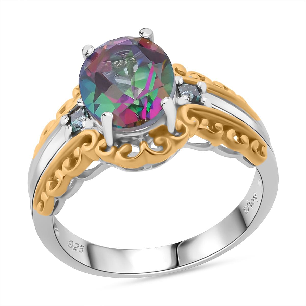 Green Mystic Topaz and Blue Moissanite 3.15 ctw Ring in 18K Vermeil YG and Rhodium Over Sterling Silver (Size 8.0)
