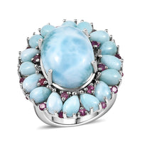 26th Apr TLV Premium Larimar, Orissa Rhodolite Garnet Floral Ring in Rhodium Over Sterling Silver (Size 10.0) 22.75 ctw