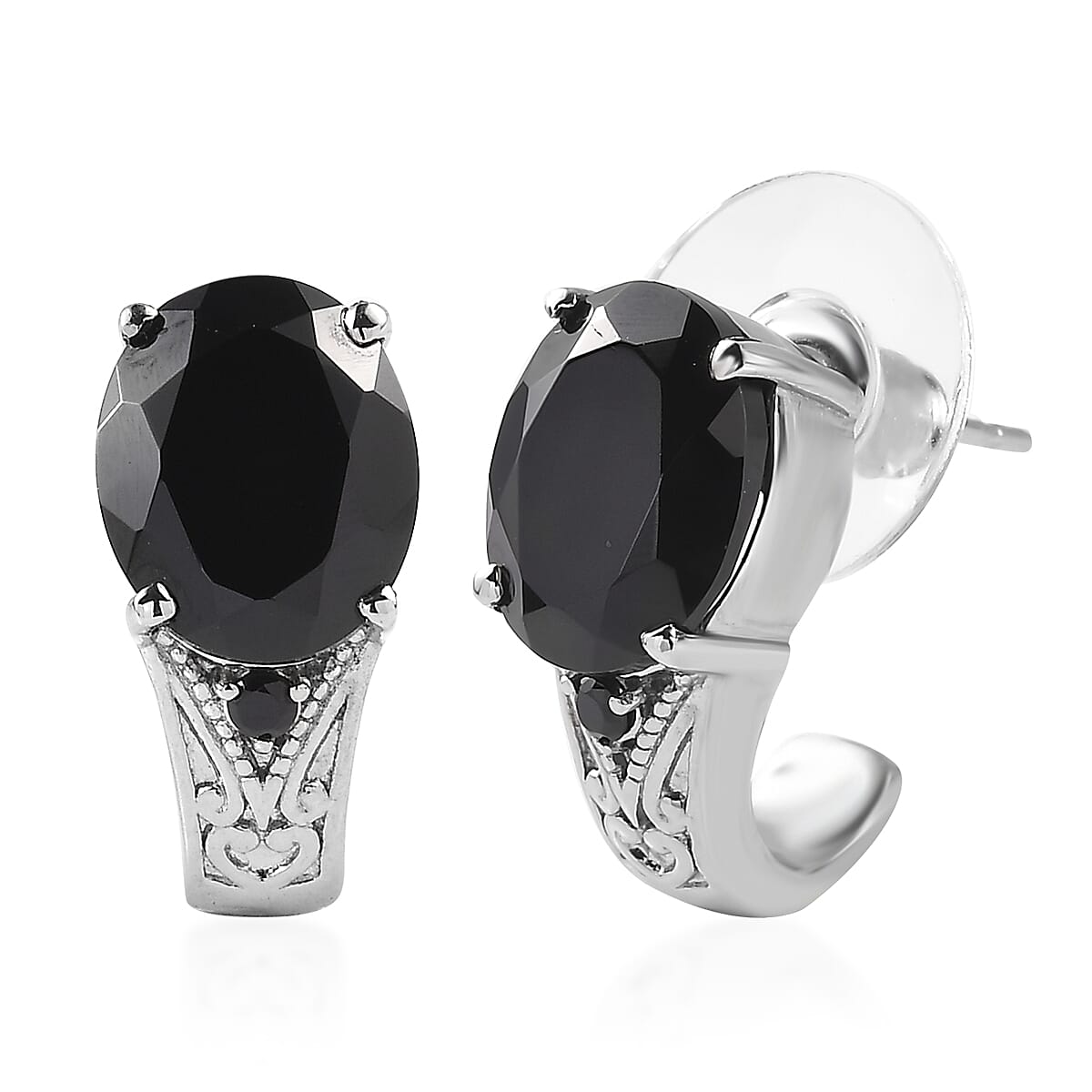 Thai Black Spinel J-Hoop Earrings in Stainless Steel 9.10 ctw