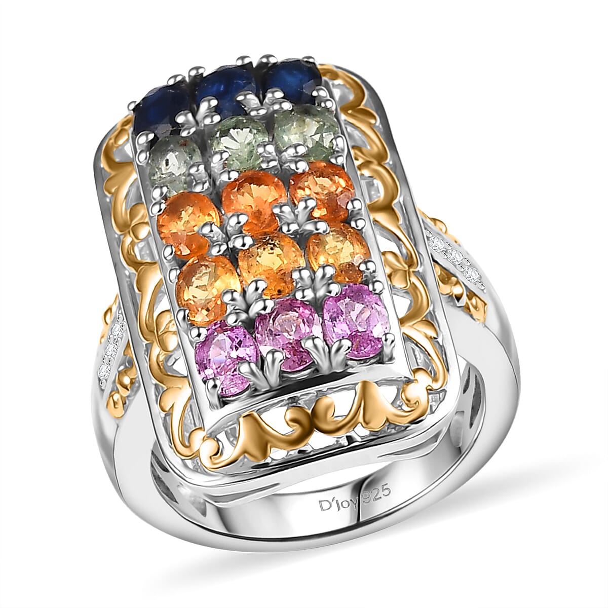 Multi Sapphire and White Zircon 3.80 ctw Cluster Ring in 18K Vermeil YG and Rhodium Over Sterling Silver (Del. in 10-12 Days)