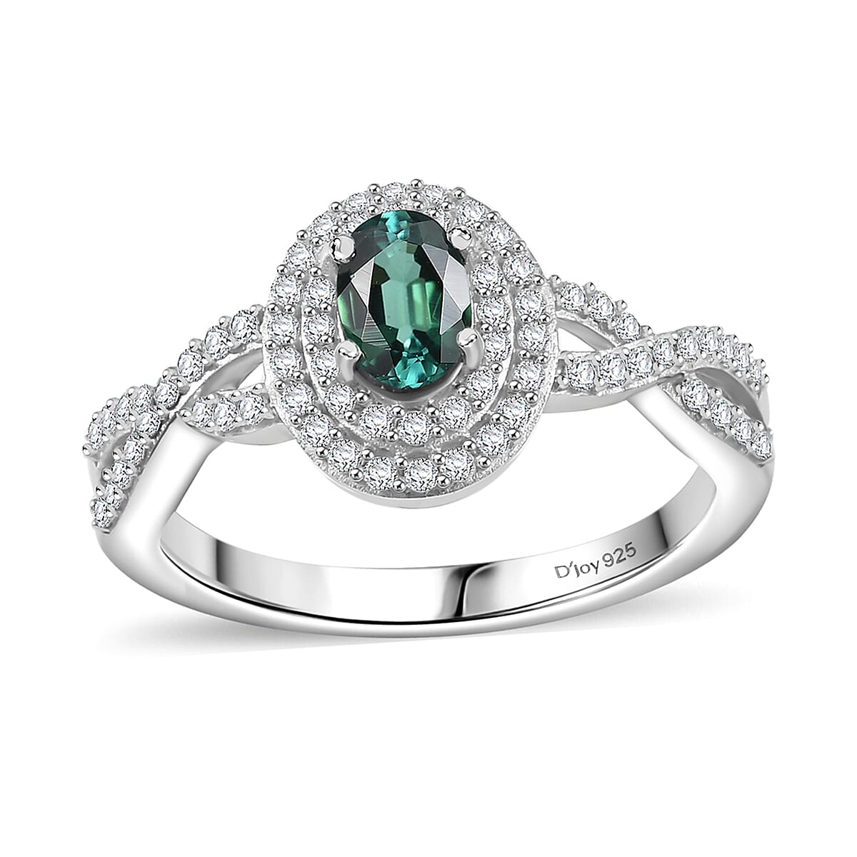 Lagoon Tourmaline ,  Moissanite  Main Stone With Side Stone Ring in Rhodium Overlay Sterling Silver 0.81 ctw