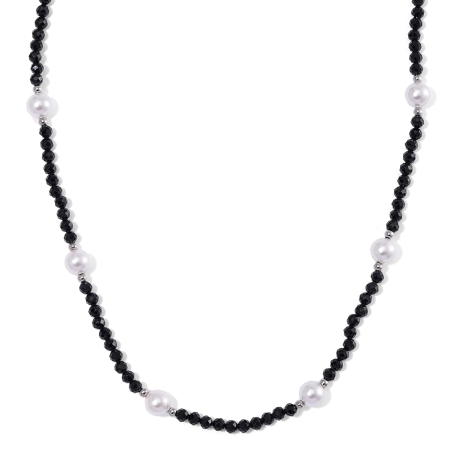 White Shell Pearl and Thai Black Spinel 50.00 ctw Beaded Necklace in Silvertone (18-20 Inches)