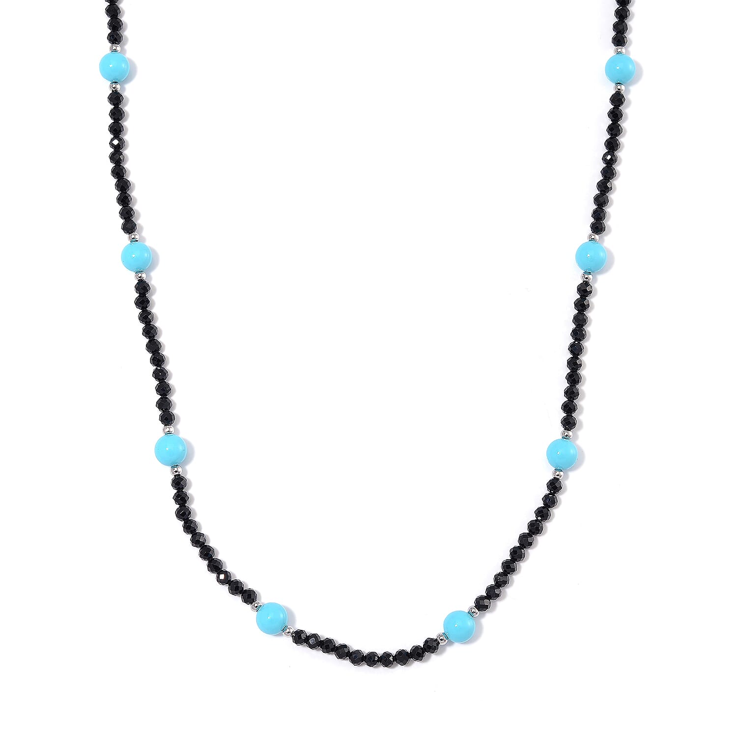 Sleeping Beauty Color Shell Pearl and Thai Black Spinel 50.00 ctw Beaded Necklace in Silvertone 18-20 Inches