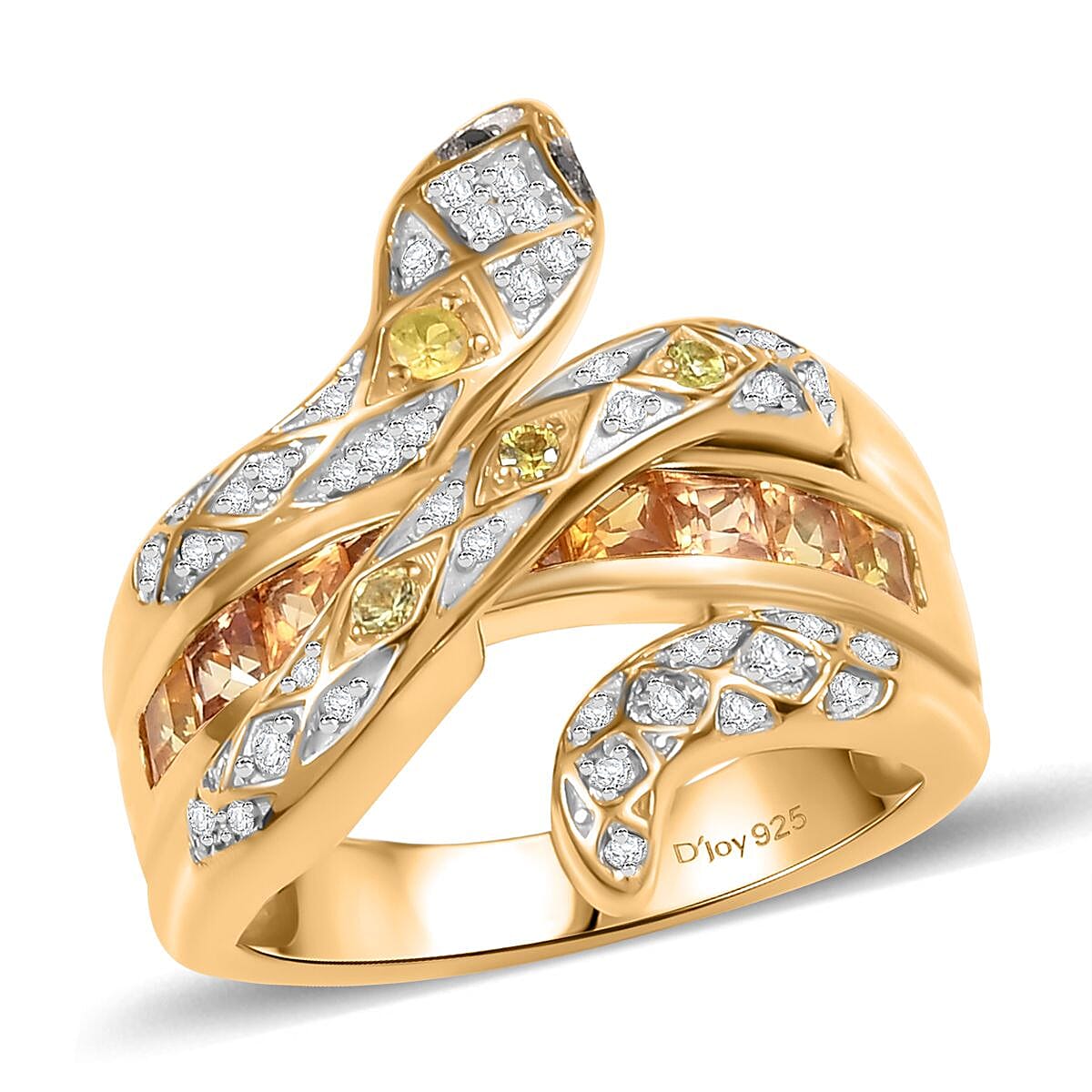 Madagascar Yellow Sapphire and Multi Gemstone 1.50 ctw Snake Ring in 18K Vermeil Yellow Gold Over Sterling Silver (Size 10.0)