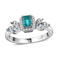 Lagoon Tourmaline ,  White Zircon  Main Stone With Side Stone Ring in Rhodium Overlay Sterling Silver 1.47 ctw