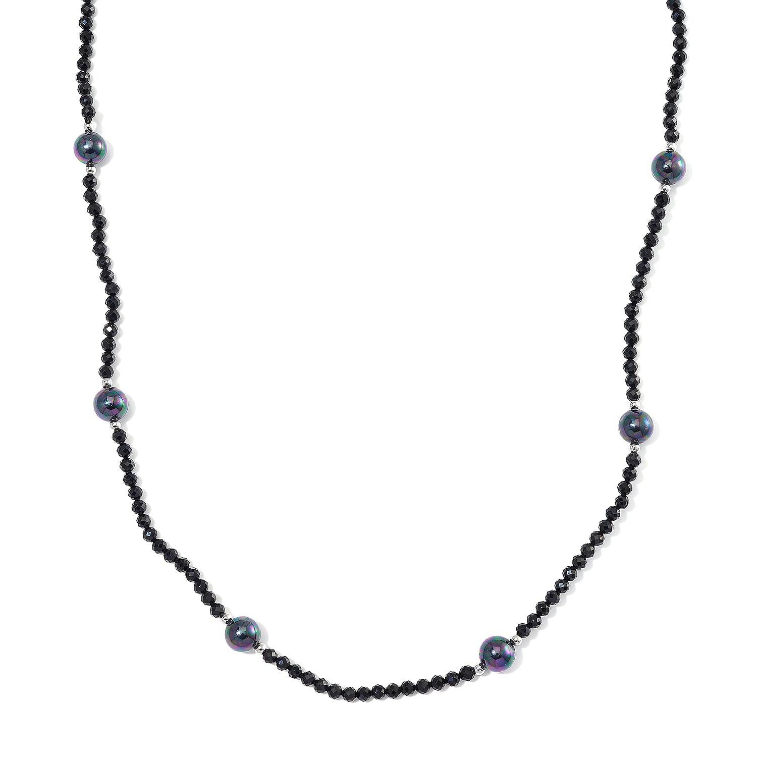 Peacock Color Shell Pearl and Thai Black Spinel 77.00 ctw Beaded Endless Necklace in Silvertone 30 Inches