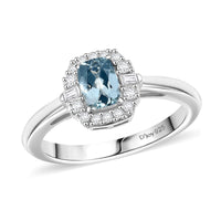 Premium Mangoro Aquamarine, White Zircon Ocean Serenity Ring in Rhodium Over Sterling Silver (Size 10.0) 0.70 ctw