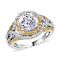 D'Joy 100 Facets Moissanite (Rnd 9mm), Yellow Sapphire Ring in Rhodium Over Sterling Silver (Size 10.0) 3.70 ctw