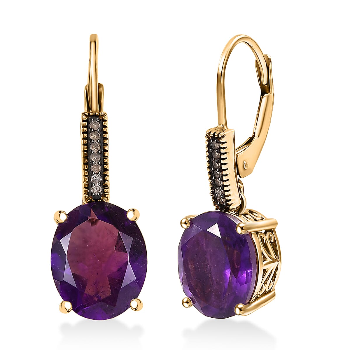 D'Joy Premium African Amethyst, Natural Champagne Diamond Lever Back Earrings in 18K Vermeil YG Over Sterling Silver 6.75 ctw
