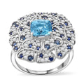Premium Cambodian Blue Zircon, Multi Gemstone Floral Ring in Rhodium Over Sterling Silver (Size 10.0) 4.10 ctw - Sticky add to cart bar