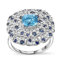 Premium Cambodian Blue Zircon, Multi Gemstone Floral Ring in Rhodium Over Sterling Silver (Size 10.0) 4.10 ctw