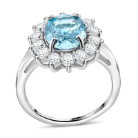 Luxuriant 10K White Gold AAA Cambodian Blue Zircon, Lab Grown Diamond (SI) (1.05 cts) Sunburst Ring (Size 10.0) 5.00 ctw