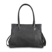 Black Genuine Leather Croco Embossed Shoulder Bag with Adjustable Shoulder Strap