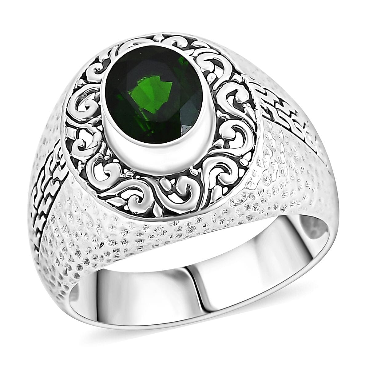 Bali Legacy Chrome Diopside 1.90 ctw Hammer with Tulang Naga Texture Ring in Sterling Silver (Size 10.0)
