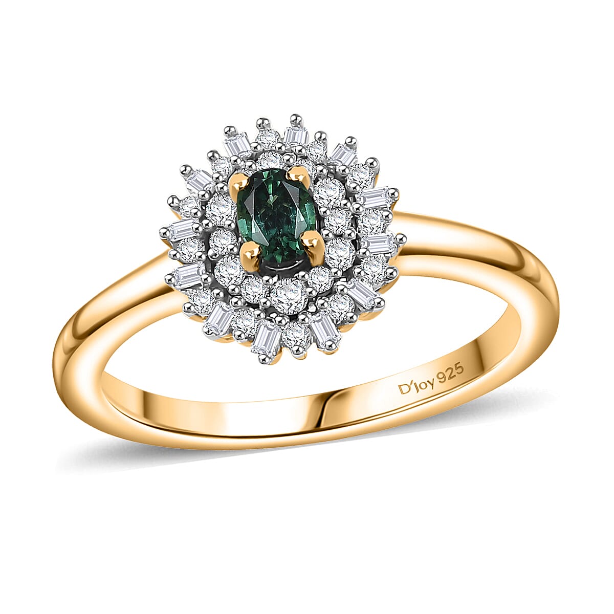 Premium Pirineu Lagoon Tourmaline, Diamond (0.20 cts) Sunburst Ring in 18K Vermeil YG Over Sterling Silver (Size 10.0) 0.40 ctw