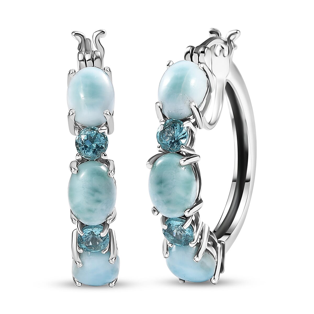D'Joy Premium Larimar and Betroka Blue Apatite 11.20 ctw Hoop Earrings in Rhodium Over Sterling Silver