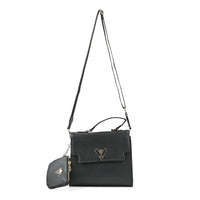 Valentino Orlandi Black Flapover V Logo Leather Satchel Bag with Adjustable Strap and Additional Wallet