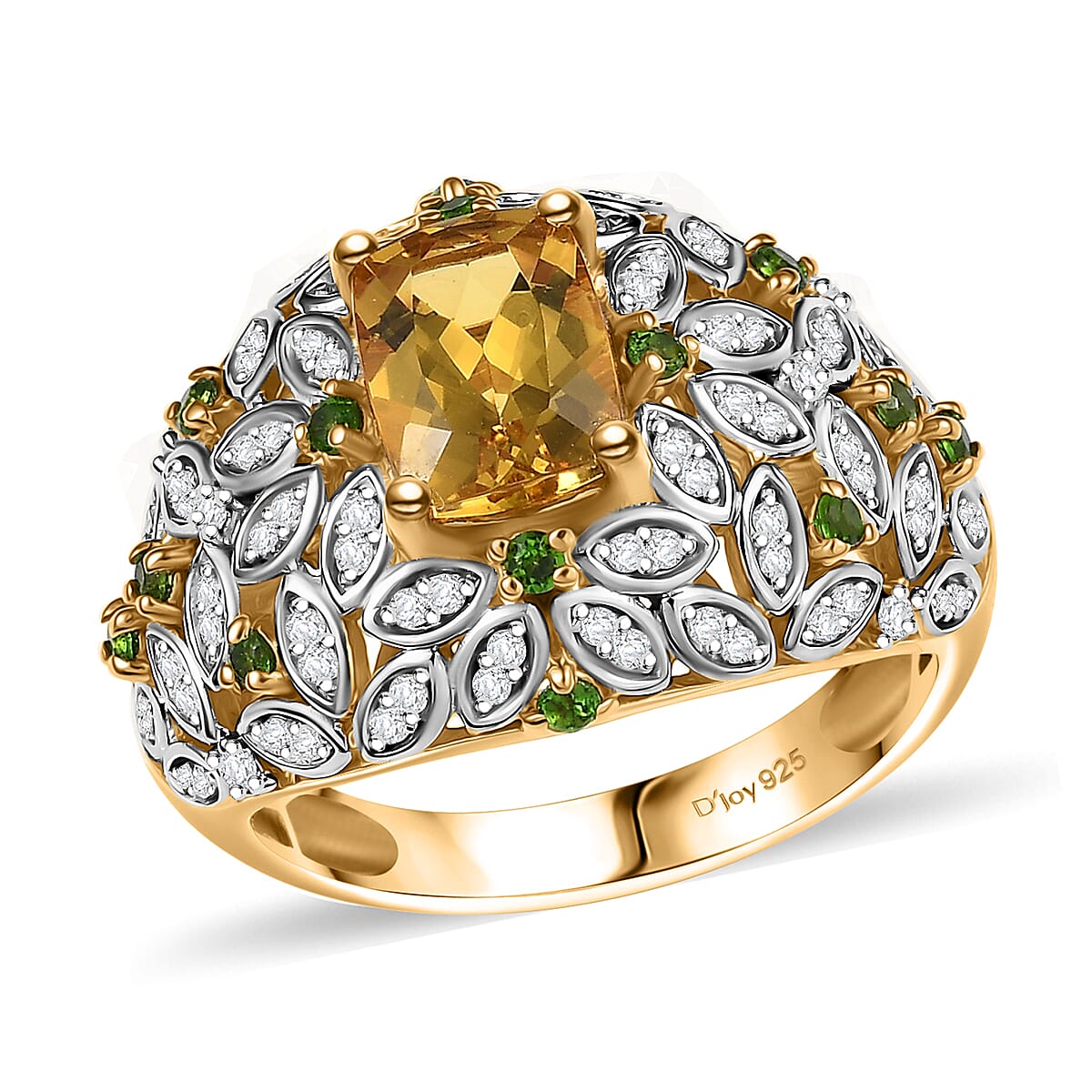 Heliodor ,  Natural Chrome Diopside ,  White Zircon  Main Stone With Side Stone Ring in 18K YG VermeilSterling Silver 2.98 ctw