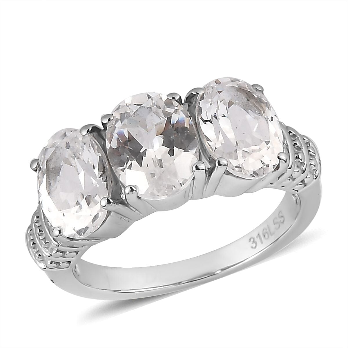 Lab Created White Sapphire 5.10 ctw 3 Stone Ring in Stainless Steel