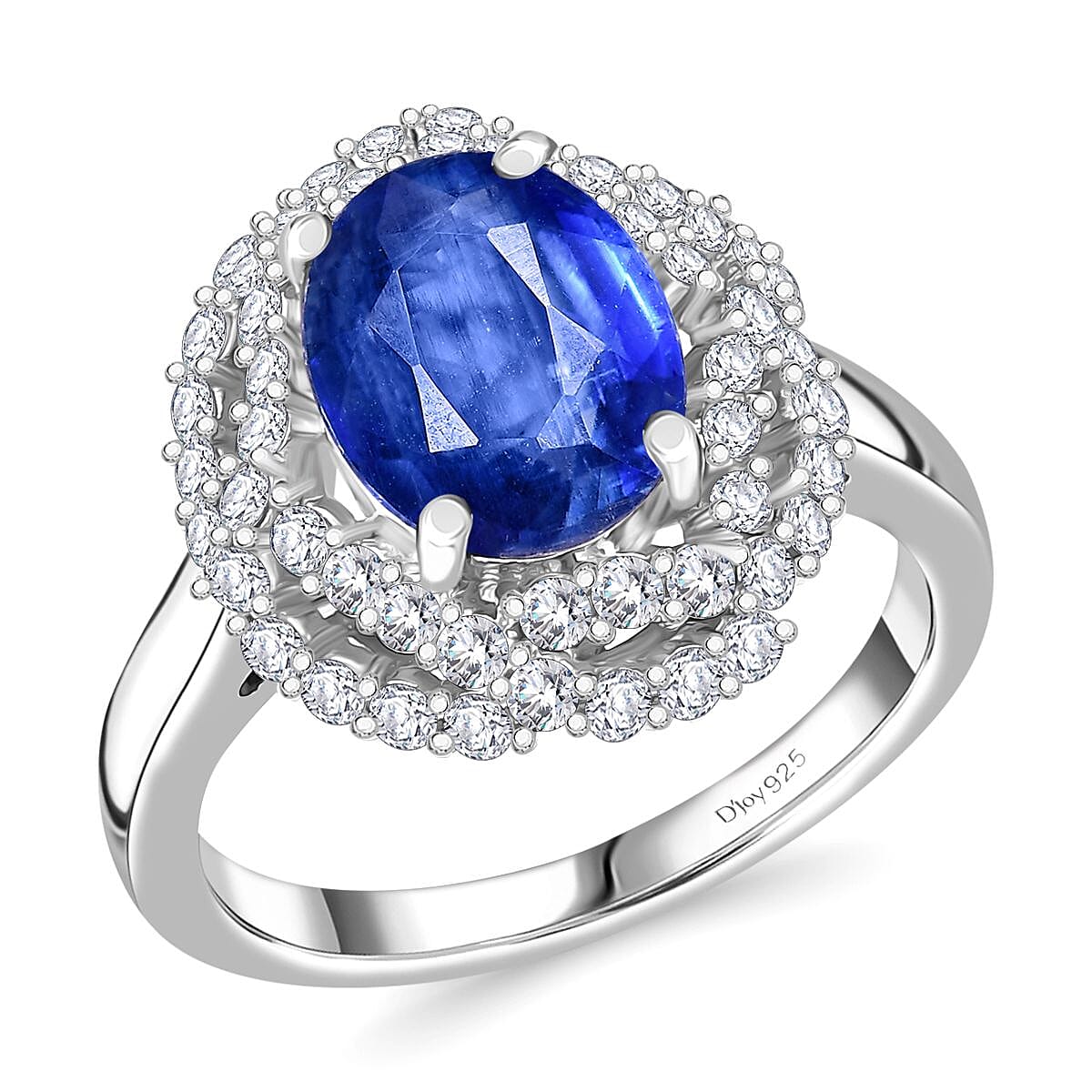 Premium Kashmir Blue Kyanite and Moissanite 4.10 ctw Ring in Rhodium Over Sterling Silver (Size 10.0)