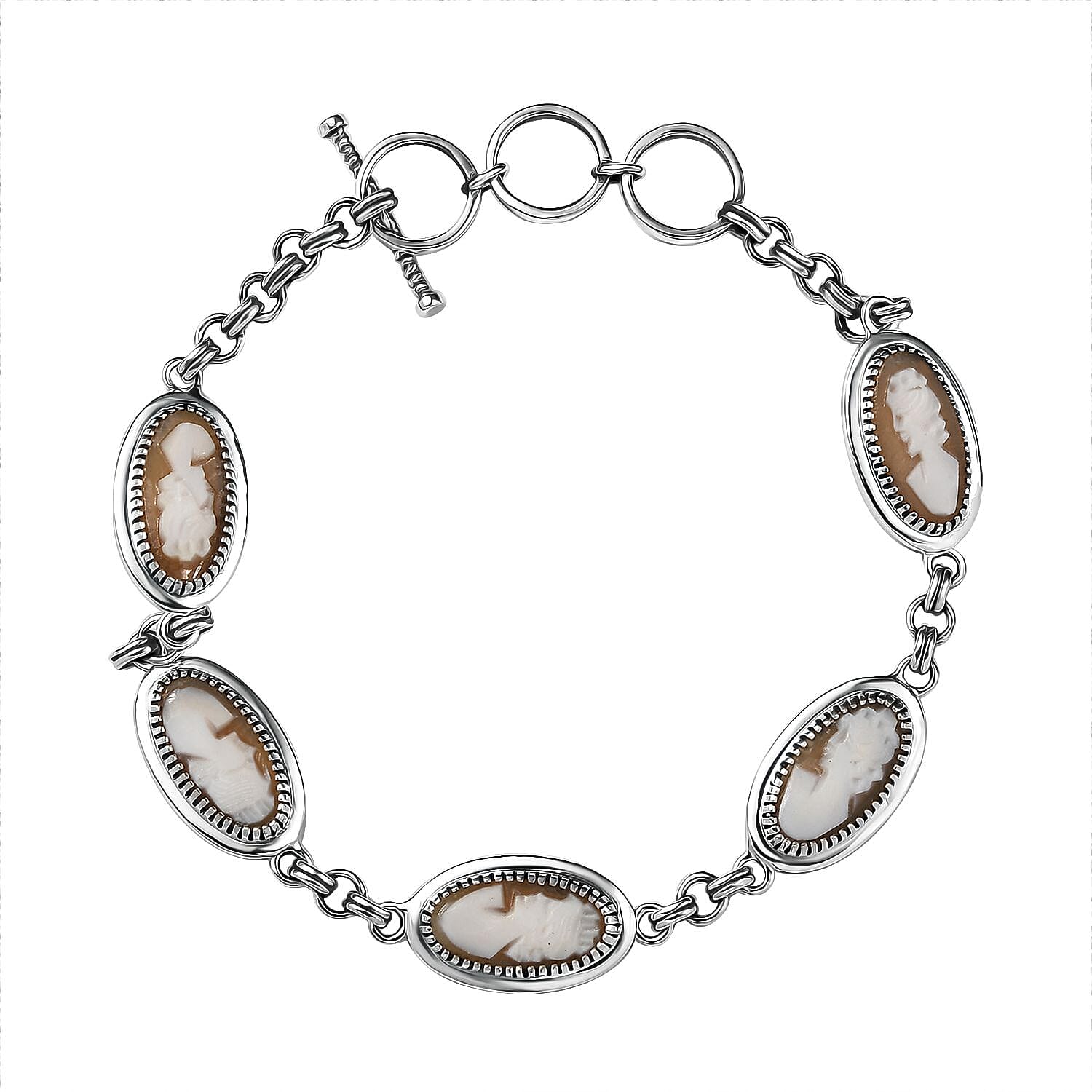 D'Joy Artisan Crafted Natural Italian Conch Cameo 8.30 ctw Chain of Memories Bracelet in Black Oxidized Sterling Silver (6.50-8.0In)