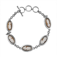 D'Joy Artisan Crafted Natural Italian Conch Cameo 8.30 ctw Chain of Memories Bracelet in Black Oxidized Sterling Silver (6.50-8.0In)