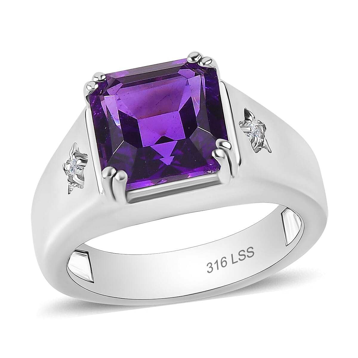 African Amethyst and White Zircon 5.10 ctw Men's Ring in Stainless Steel
