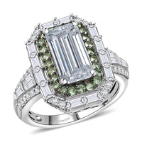 Moissanite (Oct 13x6mm), Tsavorite Garnet Ring in Rhodium Over Sterling Silver (Size 10.0) 4.65 ctw