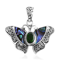 Bali Legacy Chrome Diopside and Abalone Shell 1.25 ctw Butterfly Pendant without Chain in Sterling Silver