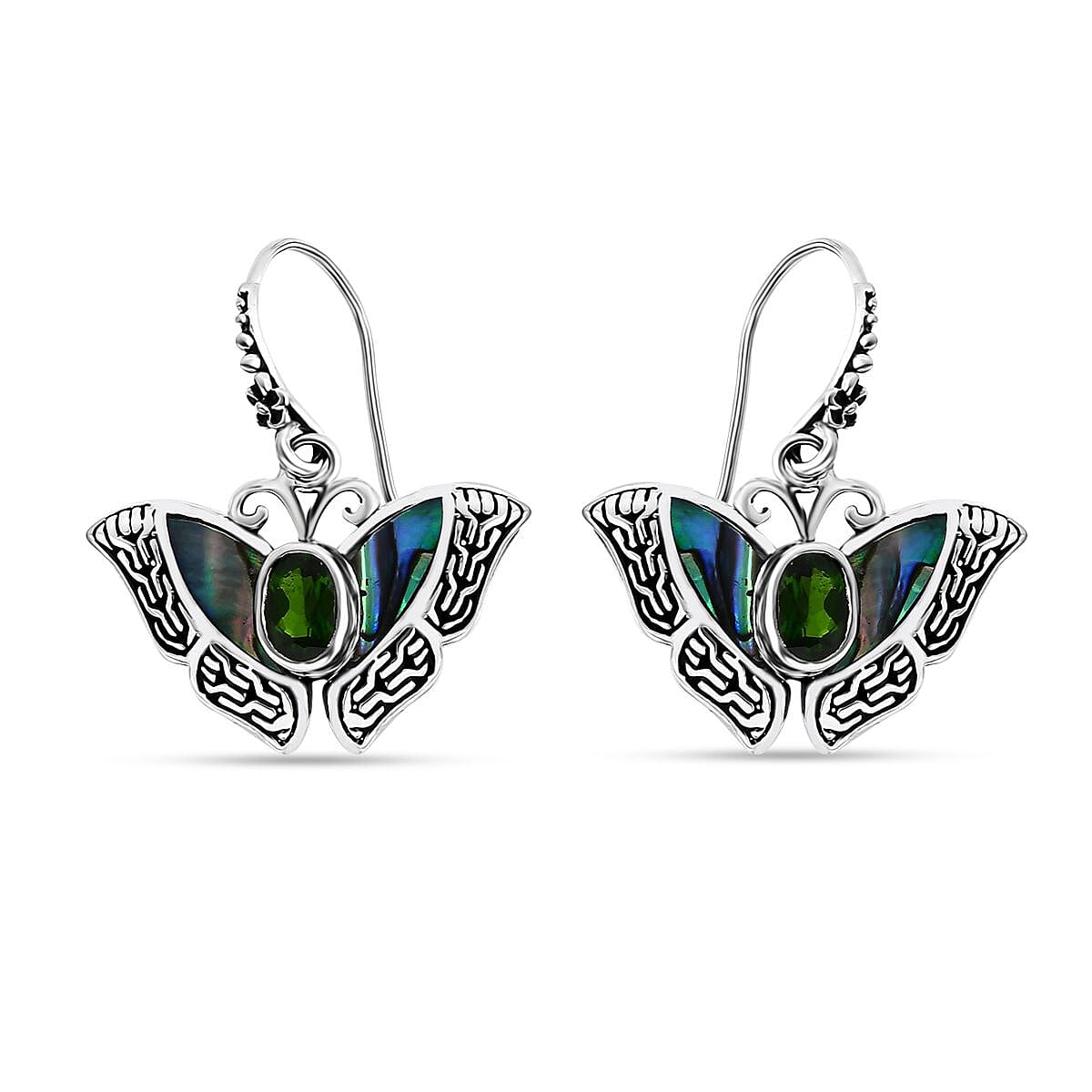 Bali Legacy Chrome Diopside 1.00 ctw and Abalone Shell Butterfly Earrings in Sterling Silver