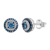Luxuriant Lab Grown Blue Diamond (IR) and Lab Grown White Diamond SI 1.00 ctw Double Halo Earrings in Rhodium Over Sterling Silver