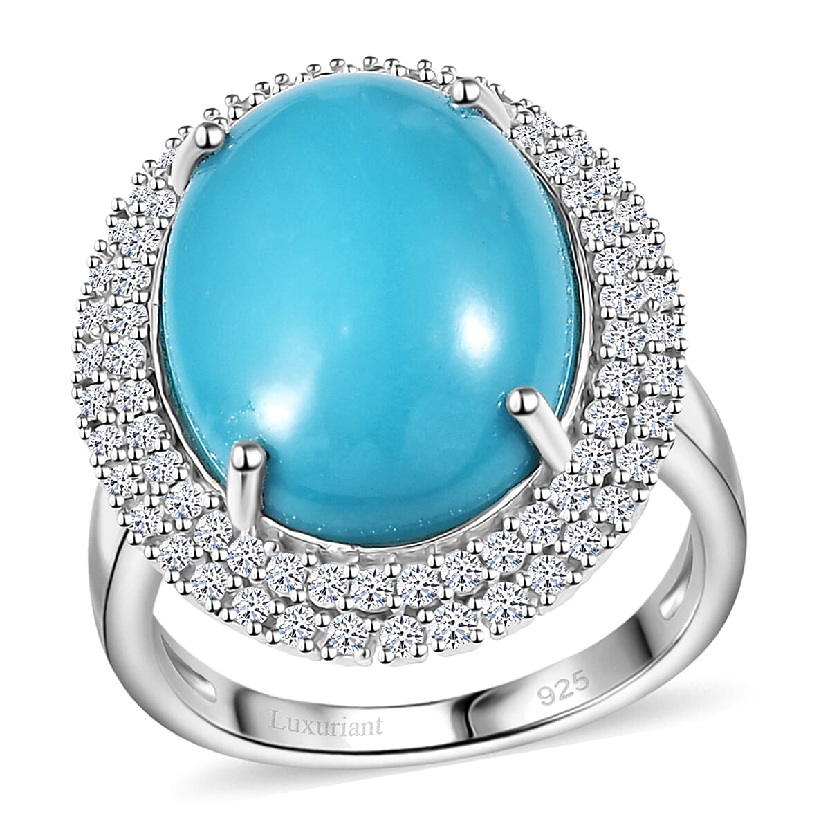 Premium Sleeping Beauty Turquoise, Luxuriant Lab Grown Diamond (G-H, SI) (0.75 cts) Ring in Rhodium Over Sterling Silver (Size 10.0) 10.20 ctw